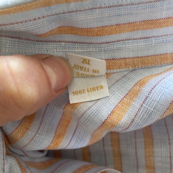 BRIONI ITALY 100% LUXURY LINEN SHIRT Mens Large Blue Stripe Short Sleeve - Picture 9 of 13